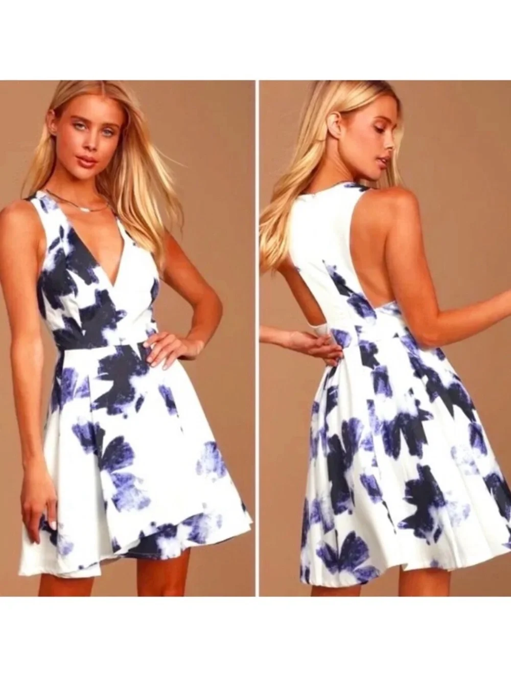 New LULU'S Seeing Chic Blue White Watercolor Sleeveless Racerback Skater Dress S - Picture 1 of 8